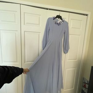 Modest pale blue maxi dress with embellished neckline